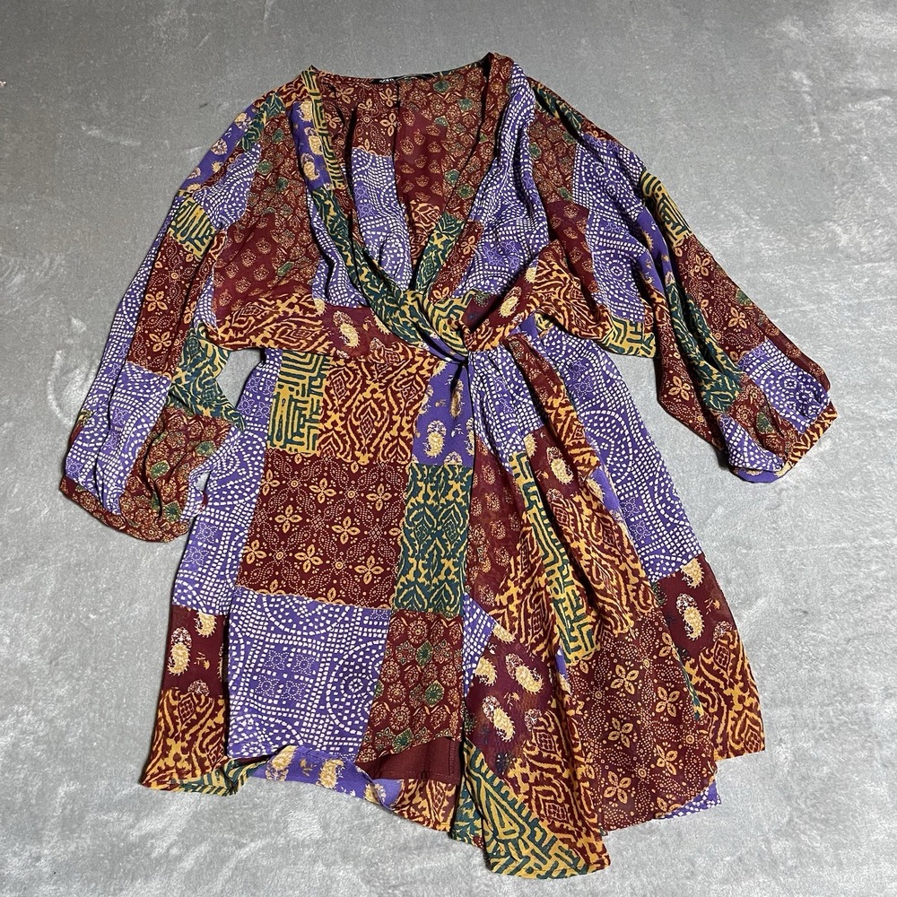 Zara Dress Womens Small Patchwork Printed Faux Wrap Semi Sheer Boho Hippie